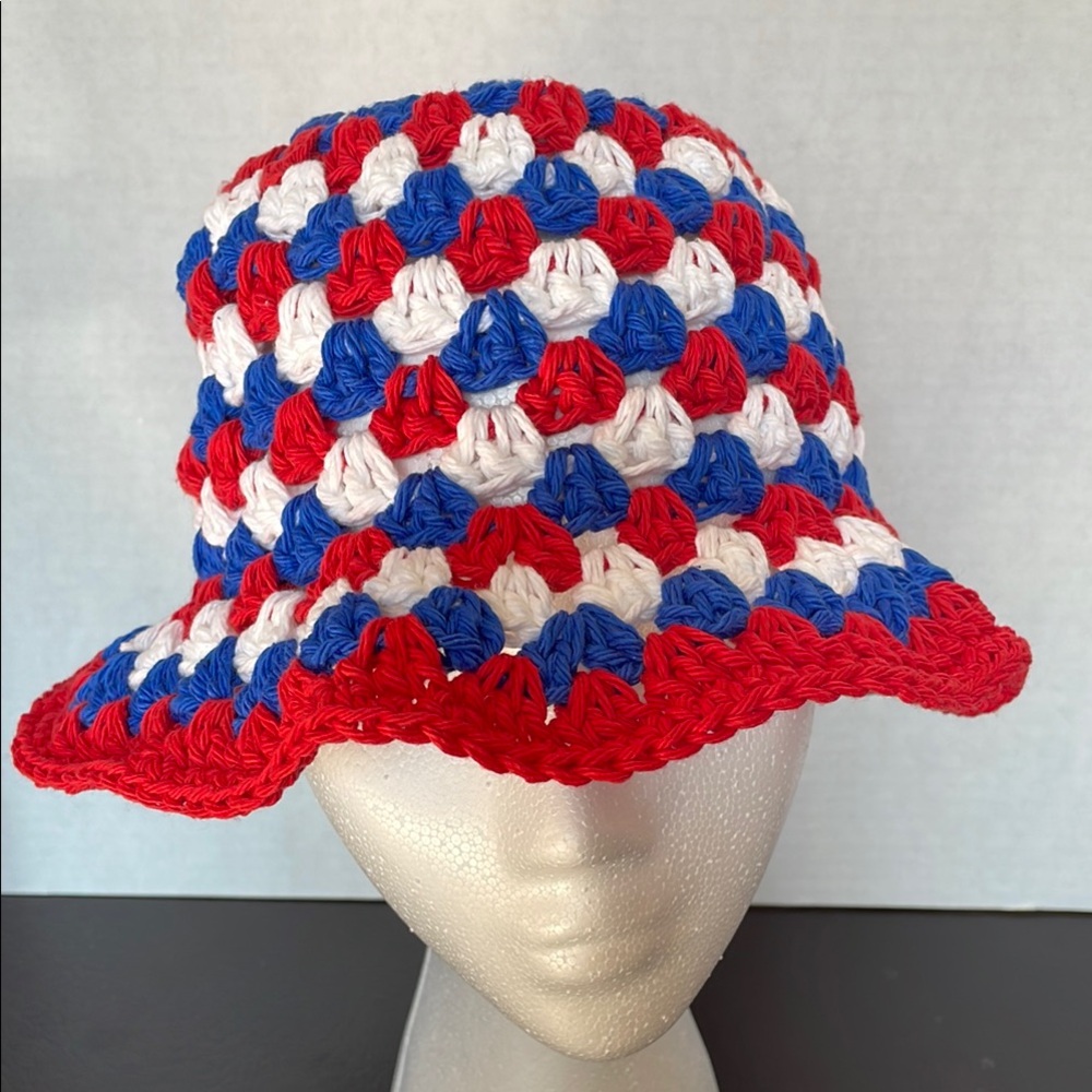 Red white and Blue Crochet Bucket Hat with granny stitches Design for boys girls